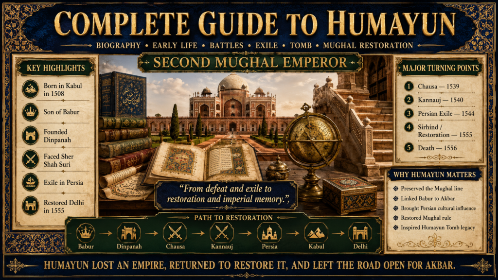 Humayun biography featured image showing Persian exile, Sher Shah Suri conflict, Battle of Chausa, Battle of Kannauj, Mughal restoration, medieval manuscripts, stairs, books and Humayun Tomb Delhi.