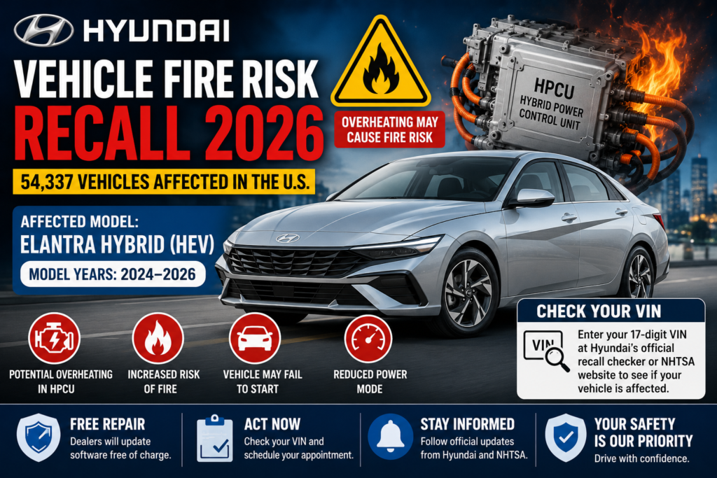 Featured image showing Hyundai Vehicle Fire Risk Recall 2026 with Hyundai Elantra Hybrid, fire warning icon, Hybrid Power Control Unit (HPCU), recall alert, VIN verification, and vehicle safety information.