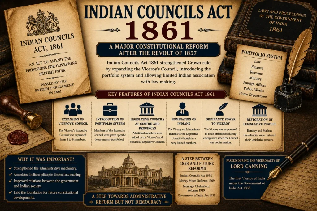 Indian Councils Act 1861 featured image showing the portfolio system, Viceroy’s Council, legislative councils, limited Indian nomination, Crown rule documents, British parliamentary papers, administrative portfolios, quill, ink, legal seal, and constitutional reform symbols.