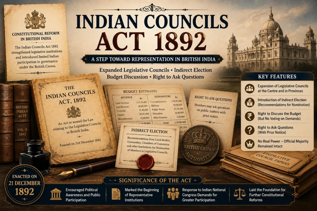 Indian Councils Act 1892 featured image showing indirect election, budget discussion, right to ask questions, expanded legislative councils, nomination papers, British parliamentary documents, budget files, quill, ink, legal seal, and constitutional reform symbols.