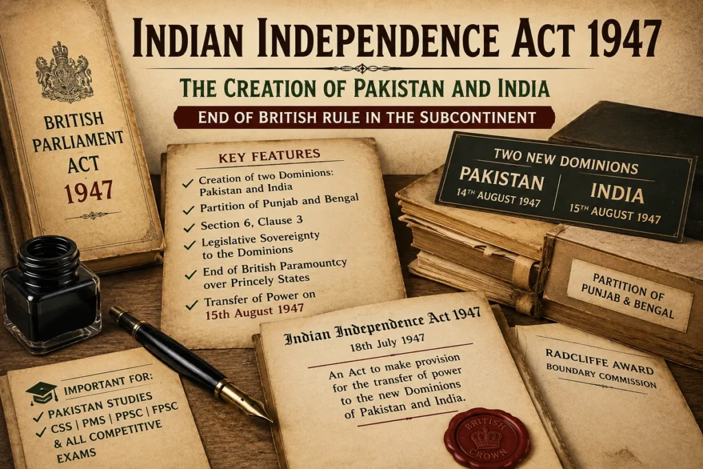 Indian Independence Act 1947 featured image showing constitutional papers, creation of Pakistan and India, partition of Punjab and Bengal, legislative sovereignty, lapse of paramountcy, Radcliffe Award files, legal seal, ink pen, books, and transfer of power documents.