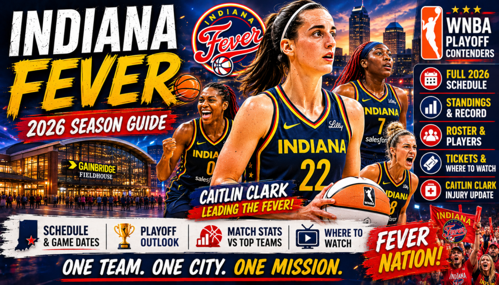 Indiana Fever 2026 season guide featured image showing WNBA theme, schedule, roster, standings, tickets, playoff outlook, and Caitlin Clark update visuals.