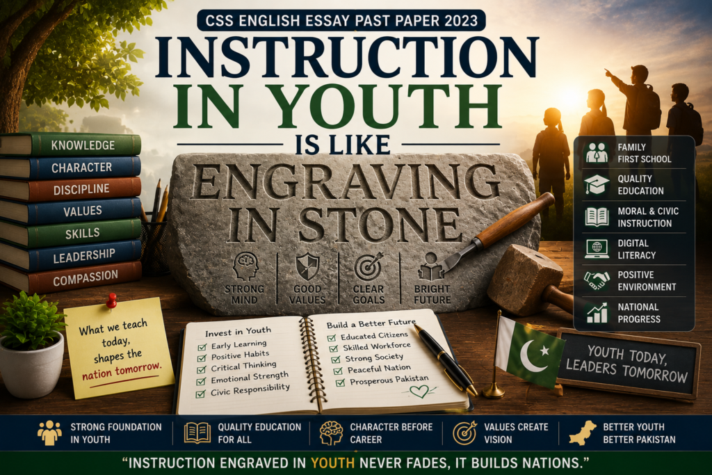 CSS English Essay Past Paper 2023 Instruction in youth is like engraving in stone featured image showing early education, character building, moral values, youth development and national progress.
