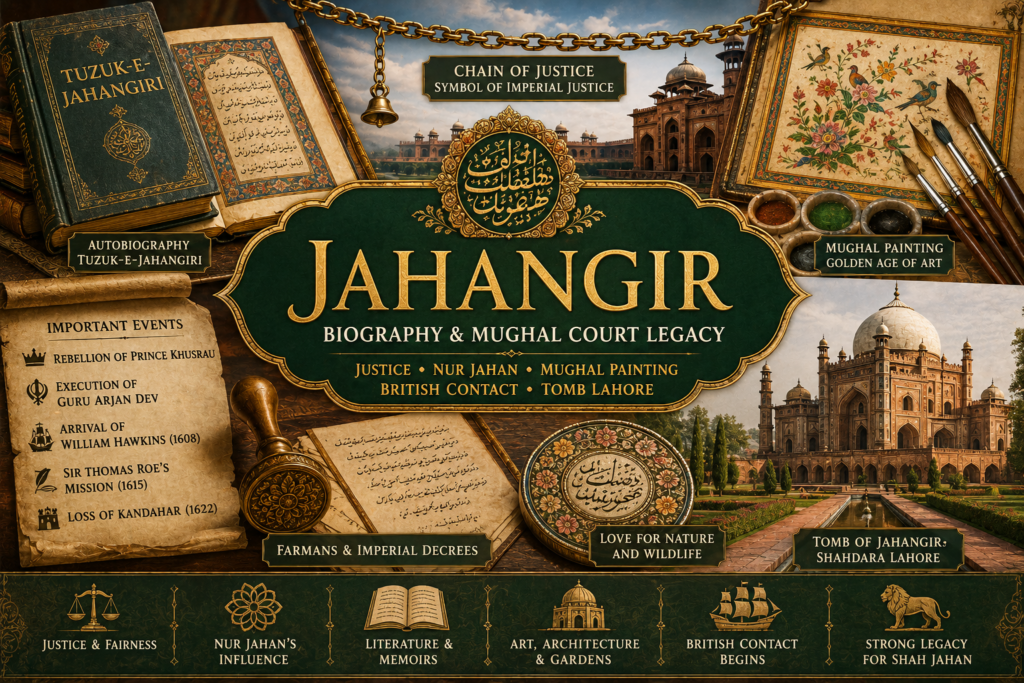 Jahangir biography featured image showing Tuzuk-e-Jahangiri, Chain of Justice, Nur Jahan’s influence, Mughal painting, royal farmans, British arrival, miniature art tools and Jahangir Tomb Lahore.