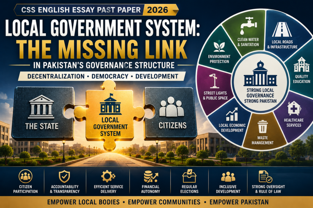 CSS English Essay Past Paper 2026 Local Government System the missing link in Pakistan’s governance structure