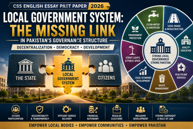 CSS English Essay Past Paper 2026 Local Government System the missing link in Pakistan’s governance structure