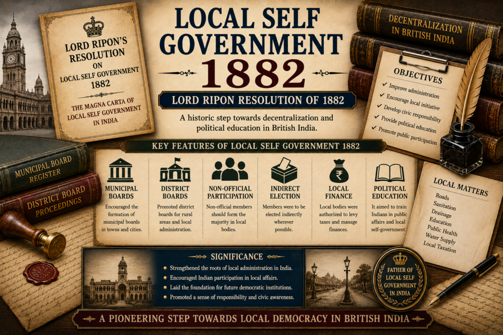Local Self Government 1882 featured image showing Lord Ripon Resolution, municipal boards, district boards, local finance, non-official participation, political education, administrative papers, civic records, quill, ink, legal seal, and local governance symbols.