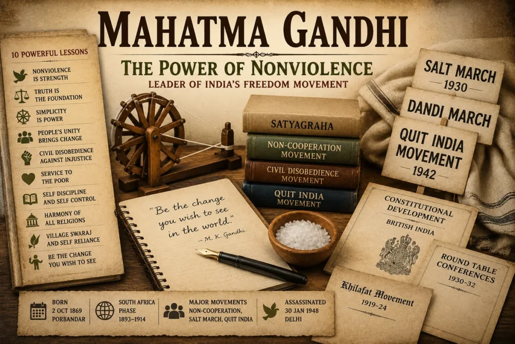 Mahatma Gandhi featured image showing satyagraha, nonviolence, spinning wheel, Salt March, Dandi March, Quit India Movement, handwritten notes, khadi texture, salt bowl, peaceful protest symbols, old constitutional papers, and British India freedom movement motifs.