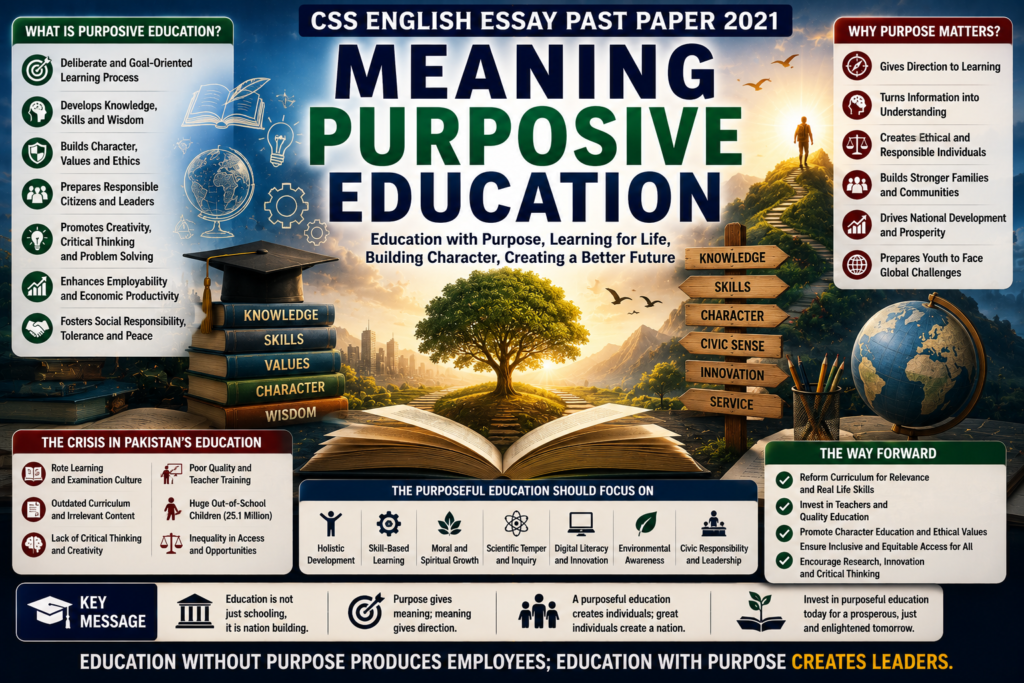 Meaning Purposive Education CSS English Essay Past Paper 2021 featured image showing purposeful learning, character building, critical thinking, skills, civic responsibility, innovation and Pakistan education reform.