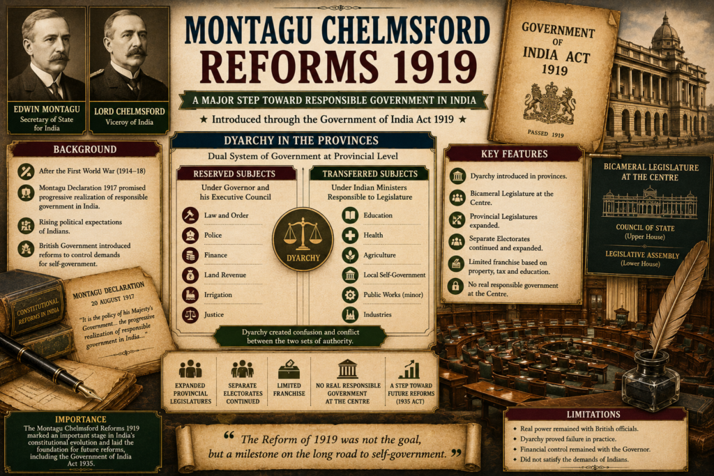 Montagu Chelmsford Reforms 1919 featured image showing Government of India Act 1919, dyarchy, reserved subjects, transferred subjects, bicameral legislature, separate electorates and colonial constitutional papers.