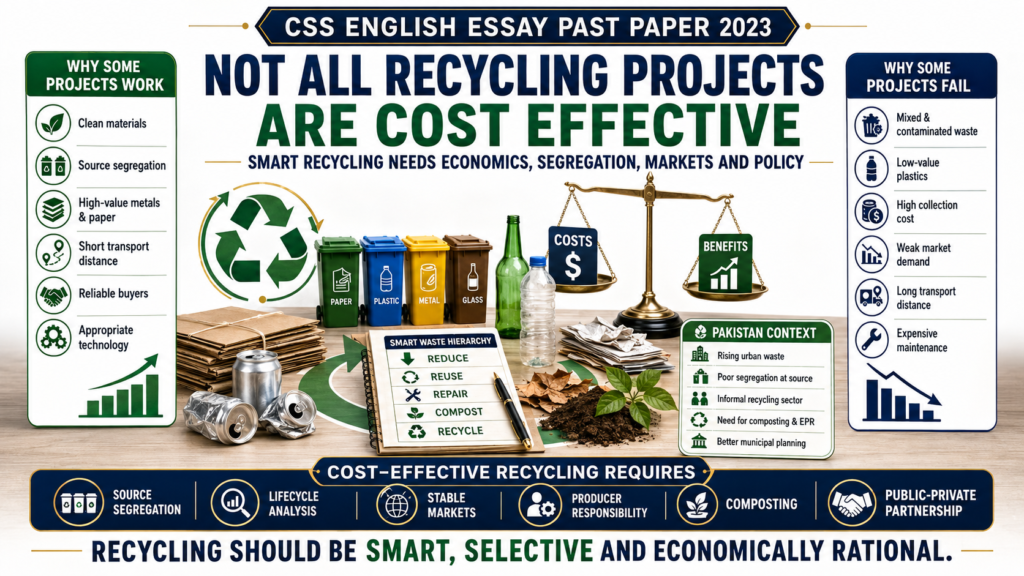 CSS Solved English Essay 2023 Not all recycling projects are cost effective featured image showing recycling bins, cost-benefit scale, waste segregation, circular economy and smart recycling policy.