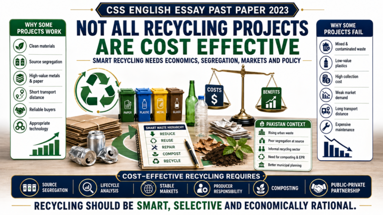CSS Solved English Essay 2023 Not all recycling projects are cost effective featured image showing recycling bins, cost-benefit scale, waste segregation, circular economy and smart recycling policy.
