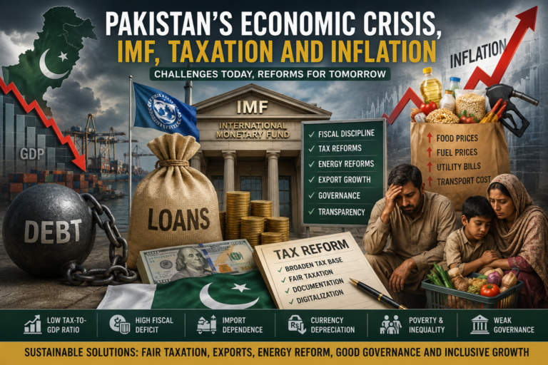 Featured image showing Pakistan’s economic crisis with IMF building, debt burden, rising inflation arrow, tax reform document, food and fuel price pressure, and a worried Pakistani family affected by economic hardship.