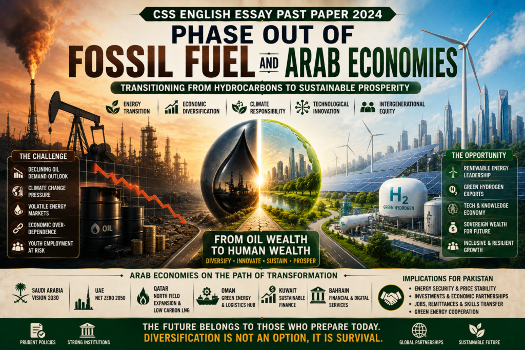 Phase Out of Fossil Fuel and Arab Economies CSS English Essay Past Paper 2024