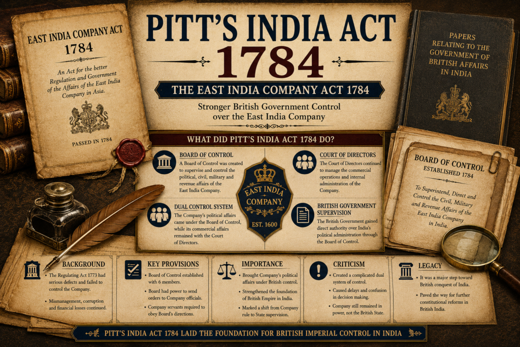 Pitt’s India Act 1784 featured image showing the East India Company Act 1784, Board of Control, Court of Directors, dual control system, old parliamentary papers, quill, ink, legal seal, and colonial administrative documents.