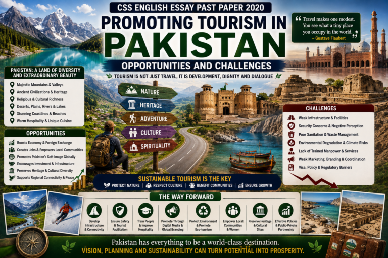 Promoting Tourism in Pakistan Opportunities and Challenges CSS English Essay Past Paper 2020 featured image showing mountain tourism, cultural heritage, religious tourism, eco-tourism, travel economy, infrastructure gaps and sustainable tourism reforms.
