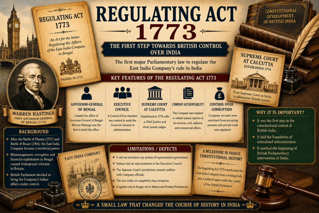 Regulating Act 1773 featured image showing an antique legal document, law book, quill, wax seal, and justice scales symbolizing British parliamentary control over the East India Company.