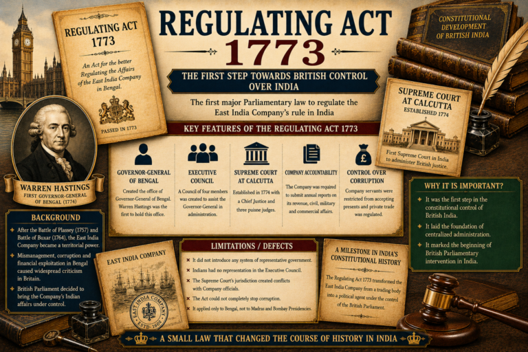 Regulating Act 1773 featured image showing an antique legal document, law book, quill, wax seal, and justice scales symbolizing British parliamentary control over the East India Company.