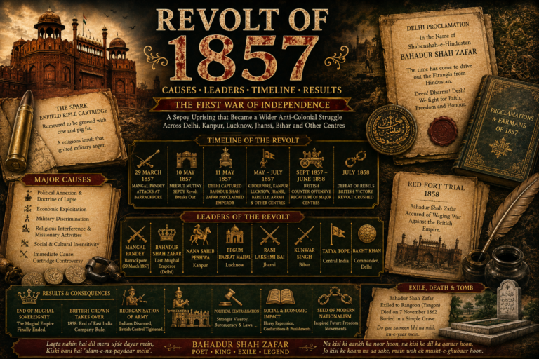 Revolt of 1857 featured image showing causes, leaders, Mangal Pandey, Bahadur Shah Zafar, Meerut Mutiny, Delhi, Kanpur, Lucknow, Jhansi, Bihar, broken cartridge symbols, Red Fort-style arches and colonial papers.