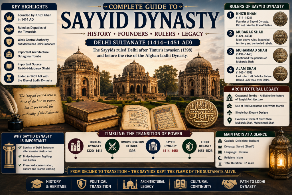 Sayyid Dynasty history featured image showing Khizr Khan, Mubarak Shah, Muhammad Shah, Alam Shah, Delhi Sultanate transition, medieval tomb architecture, manuscripts, coins and Lodhi Dynasty rise.