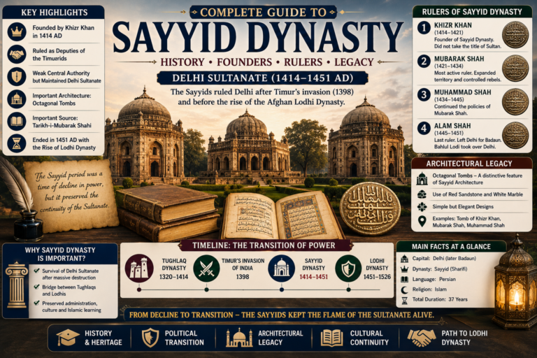 Sayyid Dynasty history featured image showing Khizr Khan, Mubarak Shah, Muhammad Shah, Alam Shah, Delhi Sultanate transition, medieval tomb architecture, manuscripts, coins and Lodhi Dynasty rise.