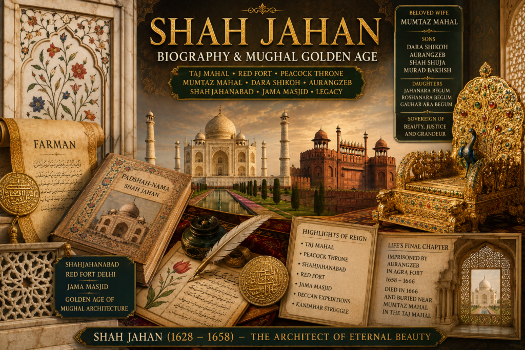 Shah Jahan biography featured image showing Taj Mahal, Red Fort, Peacock Throne, Mumtaz Mahal, Dara Shikoh, Aurangzeb, Mughal marble patterns, imperial documents and golden age architecture.