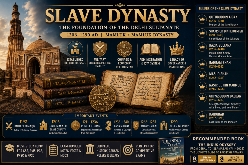 Slave Dynasty history with Qutubuddin Aibak, Iltutmish, Razia Sultana, Balban and Delhi Sultanate legacy