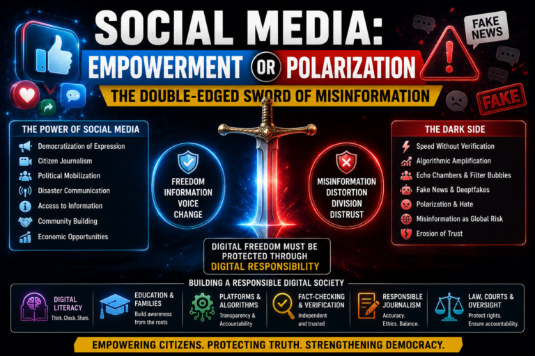 Simple editorial featured image illustrating social media as a double-edged sword, showing the contrast between digital empowerment and misinformation using abstract icons, warning symbols, and responsibility themes without people, flags, or maps.