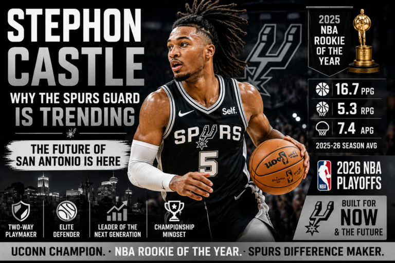 Stephon Castle in San Antonio Spurs uniform during the 2026 NBA Playoffs with Rookie of the Year graphics, season stats, and playoff-themed visuals highlighting his rise as a young Spurs leader.
