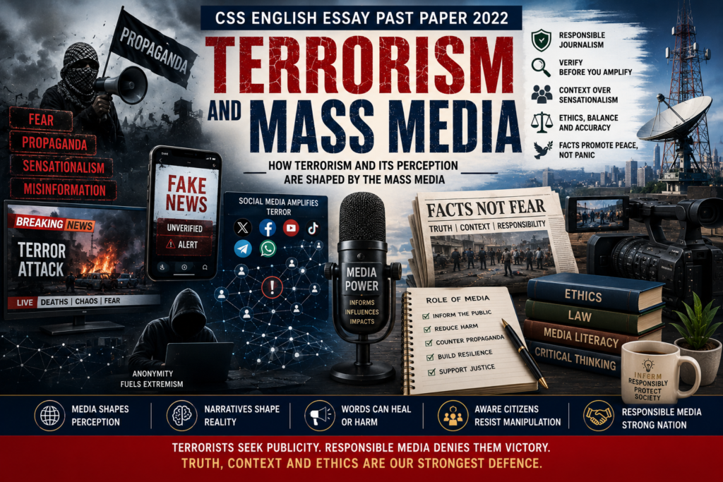 Terrorism and Mass Media CSS English Essay Past Paper 2022 featured image showing breaking news, social media, propaganda, misinformation, responsible journalism and national security.