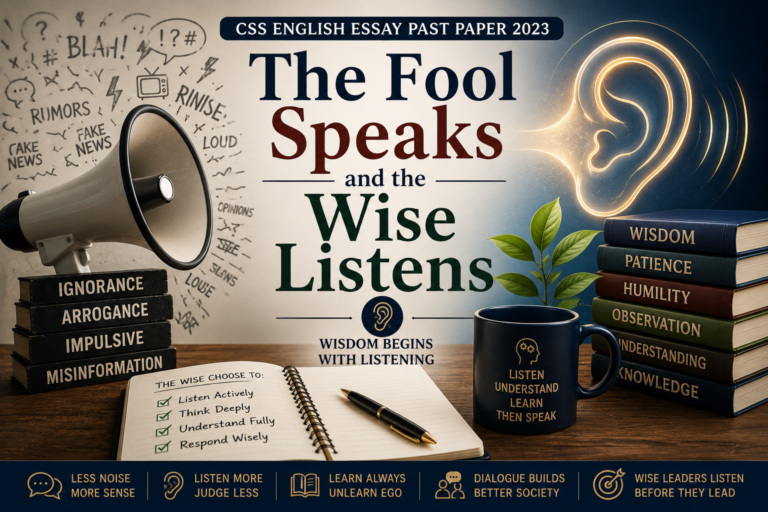 The Fool Speaks and the Wise Listens CSS English Essay Past Paper 2023 featured image showing noise, misinformation, wisdom, listening, patience and knowledge.