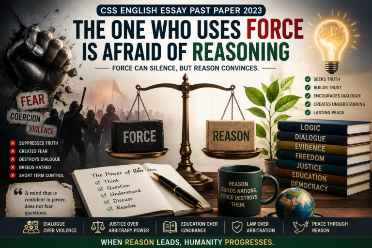 CSS Solved English Essay 2023 The one who uses force is afraid of reasoning featured image showing force versus reason, fear, coercion, justice, dialogue, evidence, education and democracy.