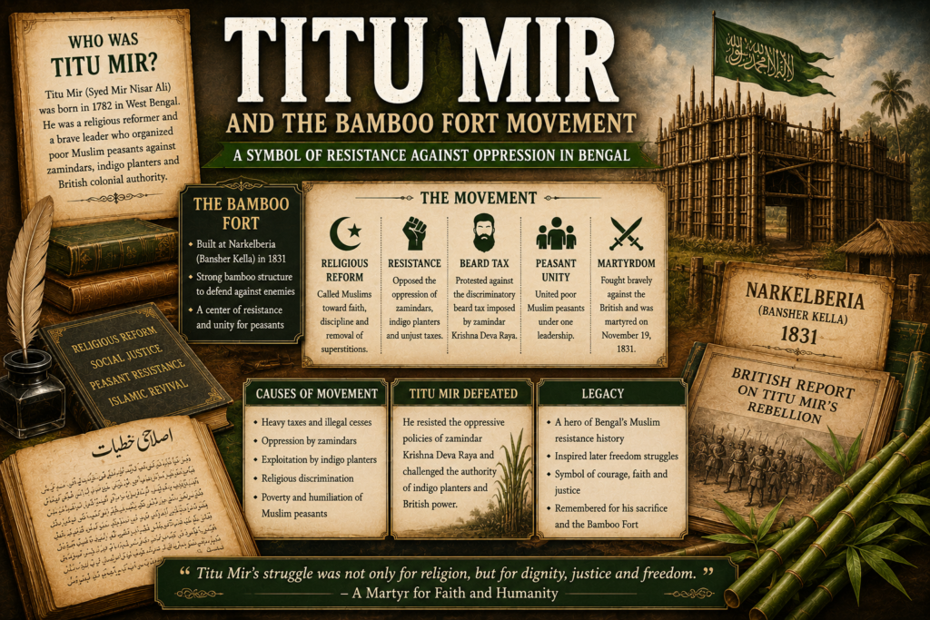 Titu Mir featured image showing Bamboo Fort at Narkelberia, Bansher Kella, beard tax, Bengal Muslim resistance, zamindari oppression, indigo planters, British attack and martyrdom in 1831.