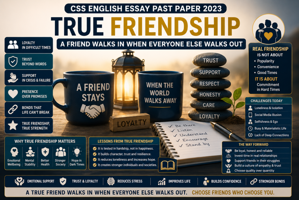 True Friendship CSS English Essay Past Paper 2023 featured image showing loyalty, trust, support, crisis, companionship and emotional strength.