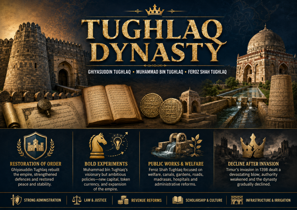 Tughlaq Dynasty history with Ghazi Malik, Muhammad bin Tughlaq, Feroz Shah Tughlaq and Timur invasion