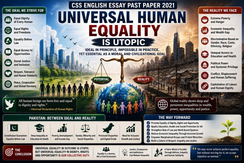 Universal Human Equality Is Utopic CSS English Essay Past Paper 2021 featured image showing equality, human dignity, social justice, economic inequality, human rights, unequal opportunity and Pakistan’s inequality challenges.