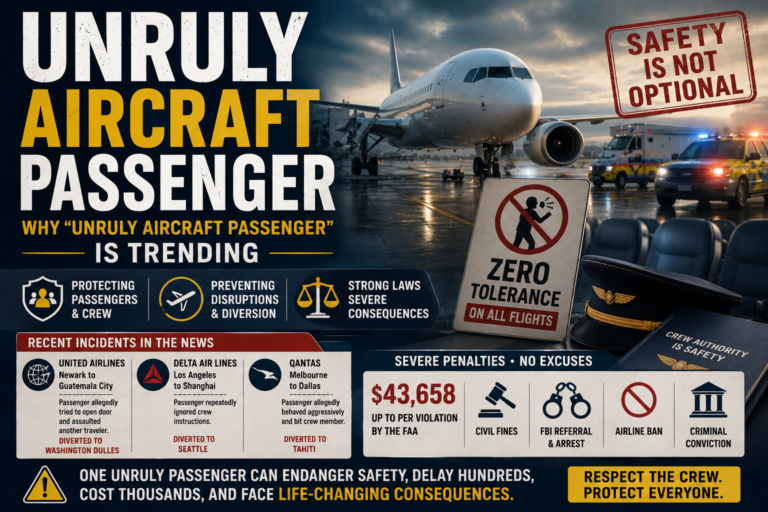 Featured image showing a commercial aircraft on the runway with emergency response visuals, crew authority symbols, safety signage, and zero-tolerance messaging representing unruly aircraft passenger incidents and aviation safety enforcement.