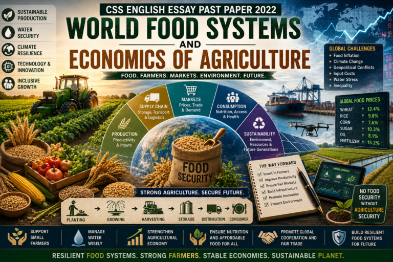 World Food Systems and Economics of Agriculture CSS English Essay Past Paper 2022 featured image showing crops, food security, supply chains, markets, climate risk, water security, technology and sustainable agriculture.