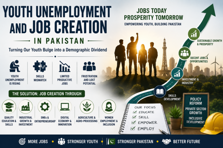 Featured image showing youth unemployment and job creation through education, skills, industry, digital economy, entrepreneurship, and an upward growth path representing employment opportunities and economic development.