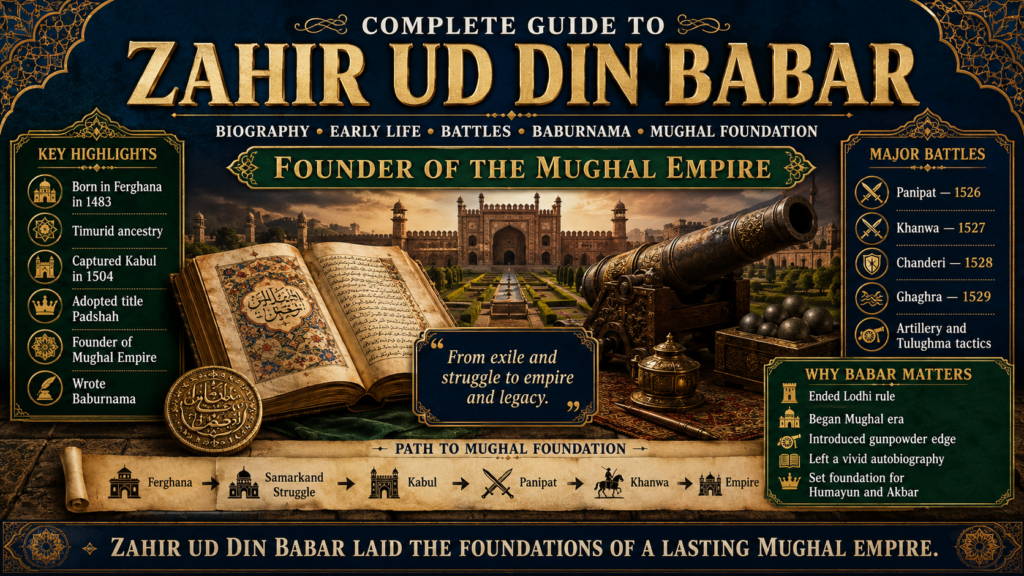 Zahir ud din Babar biography featured image showing Baburnama manuscript, Panipat, Khanwa, artillery symbols, Central Asian garden patterns, coins, fort architecture and the foundation of the Mughal Empire.