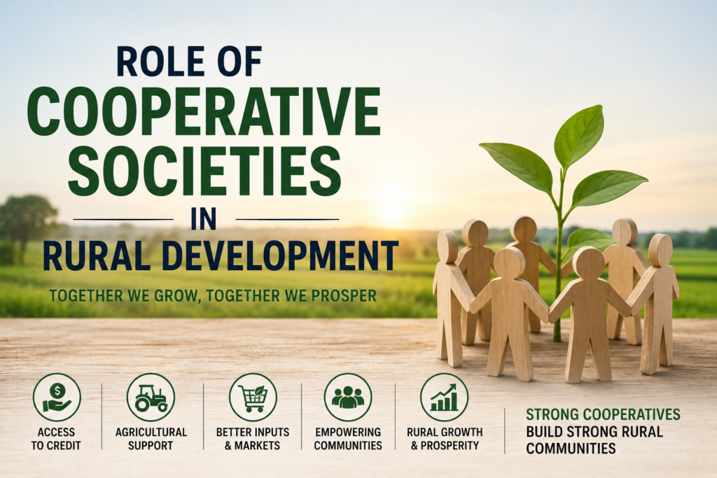 Simple featured image showing cooperative societies in rural development, with wooden community figures holding hands around a growing plant, green farmland, and icons for credit, agriculture, markets, community empowerment, and rural prosperity.